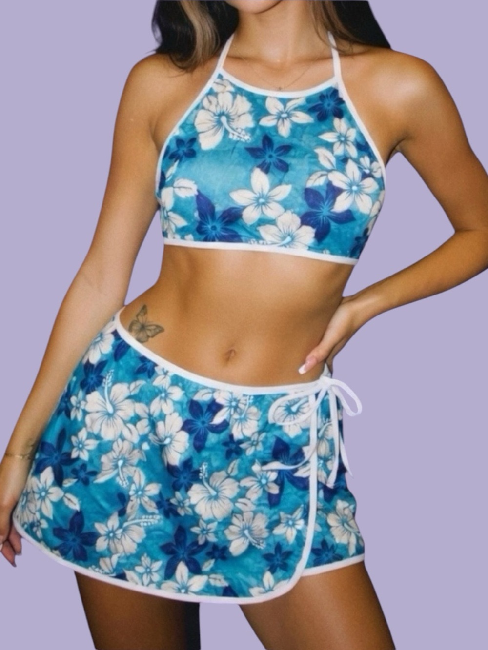 1990s Vintage Floral Hawaiian Blue Halter Top & Wrap Skirt Swim Set